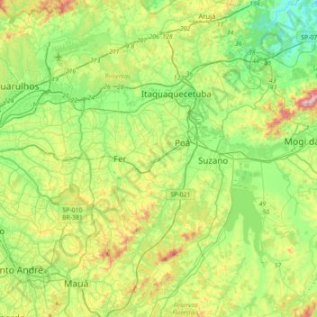 Mapa topográfico Ferraz de Vasconcelos, altitude, relevo