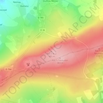 Mapa topográfico Roc’h Ruz, altitude, relevo