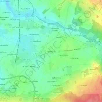 Mapa topográfico Le Coudrai, altitude, relevo