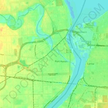Mapa topográfico Port Huron, altitude, relevo