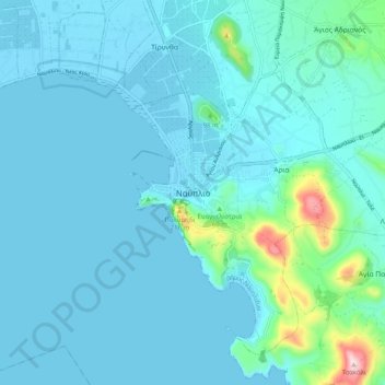 Mapa topográfico Nafplio, altitude, relevo
