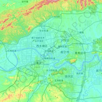 Mapa topográfico Nanning, altitude, relevo