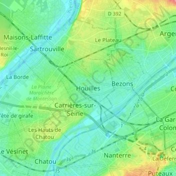 Mapa topográfico Houilles, altitude, relevo