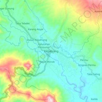 Mapa topográfico Kepahiang, altitude, relevo