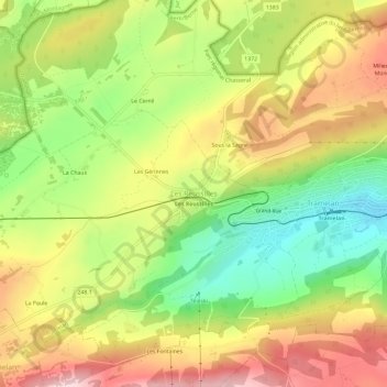 Mapa topográfico Les Reussilles, altitude, relevo