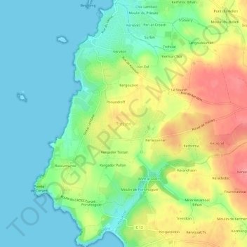 Mapa topográfico Trezien, altitude, relevo