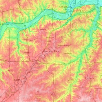 Mapa topográfico Overland Park, altitude, relevo