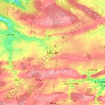 Mapa topográfico Mettet, altitude, relevo