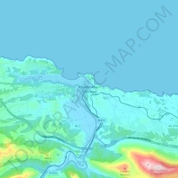Mapa topográfico Ribadesella / Ribeseya, altitude, relevo