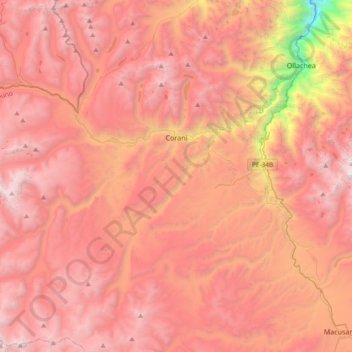 Mapa topográfico Corani, altitude, relevo