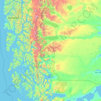 Mapa topográfico Natales, altitude, relevo