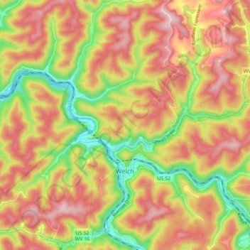 Mapa topográfico Welch, altitude, relevo