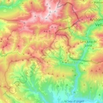 Mapa topográfico les Valls de Valira, altitude, relevo