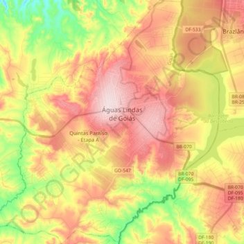Mapa topográfico Águas Lindas de Goiás, altitude, relevo