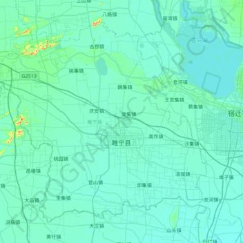 Mapa topográfico Xian de Suining, altitude, relevo