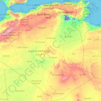 Mapa topográfico Argélia, altitude, relevo
