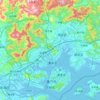 Mapa topográfico Xiamen, altitude, relevo