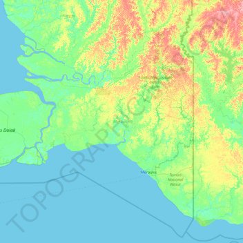 Mapa topográfico Merauke, altitude, relevo