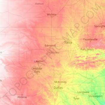 Mapa topográfico Oklahoma, altitude, relevo