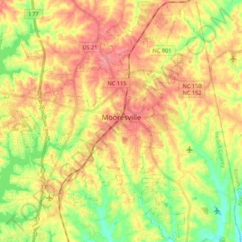Mapa topográfico Mooresville, altitude, relevo