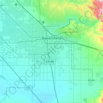 Mapa topográfico Bakersfield, altitude, relevo