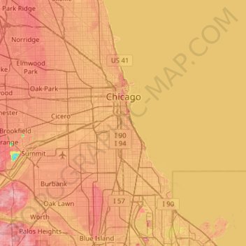 Mapa topográfico Chicago, altitude, relevo