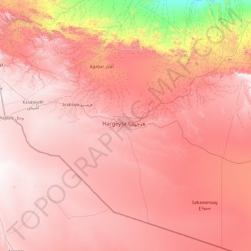 Mapa topográfico وقويي جالبيد Woqooyi Galbeed, altitude, relevo