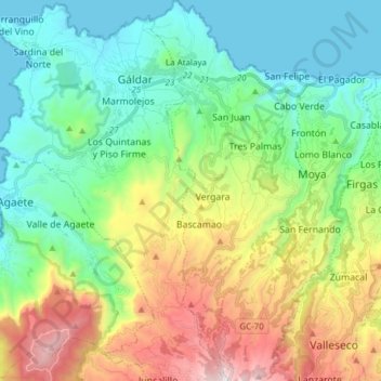 Mapa topográfico Santa María de Guía de Gran Canaria, altitude, relevo