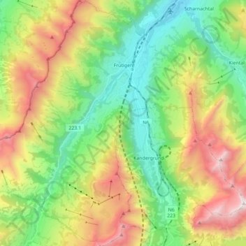 Mapa topográfico Frutigen, altitude, relevo