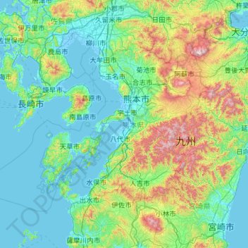 Mapa topográfico 熊本県, altitude, relevo