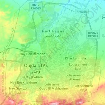 Mapa topográfico Oujda ⵡⴻⵊⴷⴰ وجدة‎, altitude, relevo