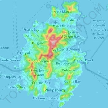 Mapa topográfico Île de Saint-Martin - Sint Maarten eiland, altitude, relevo