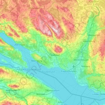 Mapa topográfico Bodenseekreis, altitude, relevo