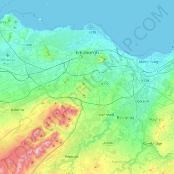Mapa topográfico Edimburgo, altitude, relevo