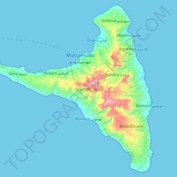 Mapa topográfico Anjouan, altitude, relevo
