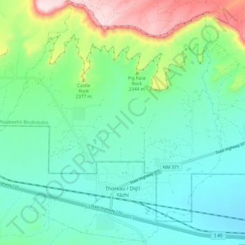 Mapa topográfico Thoreau, altitude, relevo