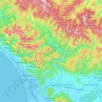 Mapa topográfico Lucca, altitude, relevo