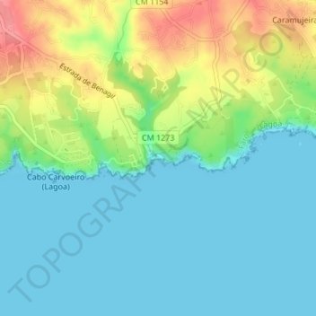 Mapa topográfico Praia de Benagil, altitude, relevo