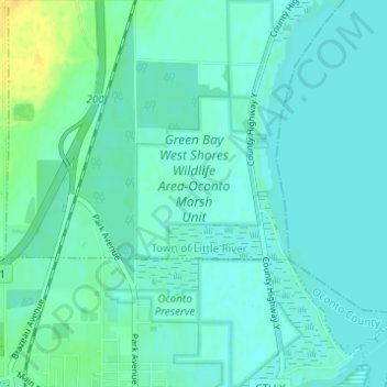 Mapa topográfico Green Bay West Shores Wildlife Area-Oconto Marsh Unit, altitude, relevo