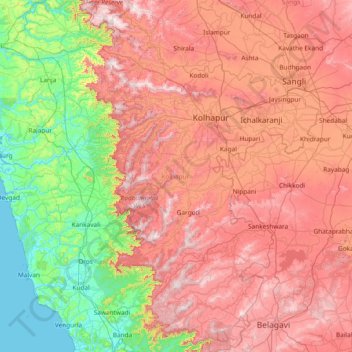 Mapa topográfico Kolhapur district, altitude, relevo