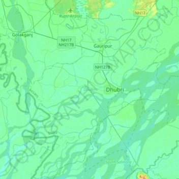 Mapa topográfico Dhubri, altitude, relevo