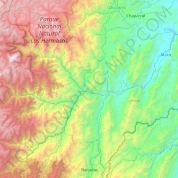 Mapa topográfico Rioblanco, altitude, relevo