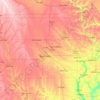 Mapa topográfico Iowa, altitude, relevo