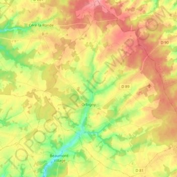 Mapa topográfico Orbigny, altitude, relevo