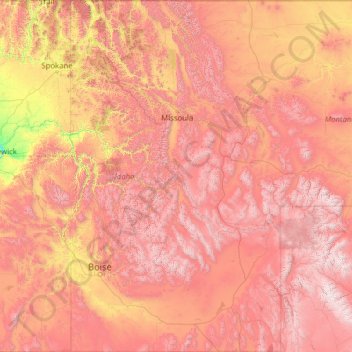 Mapa topográfico Idaho, altitude, relevo