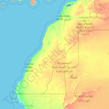 Mapa topográfico Saara Ocidental, altitude, relevo