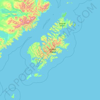 Mapa topográfico Kodiak Island, altitude, relevo