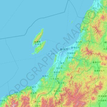 Mapa topográfico 新潟県, altitude, relevo
