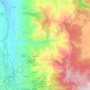 Mapa topográfico Celico, altitude, relevo