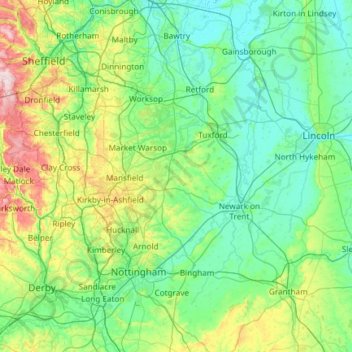 Mapa topográfico Nottinghamshire, altitude, relevo